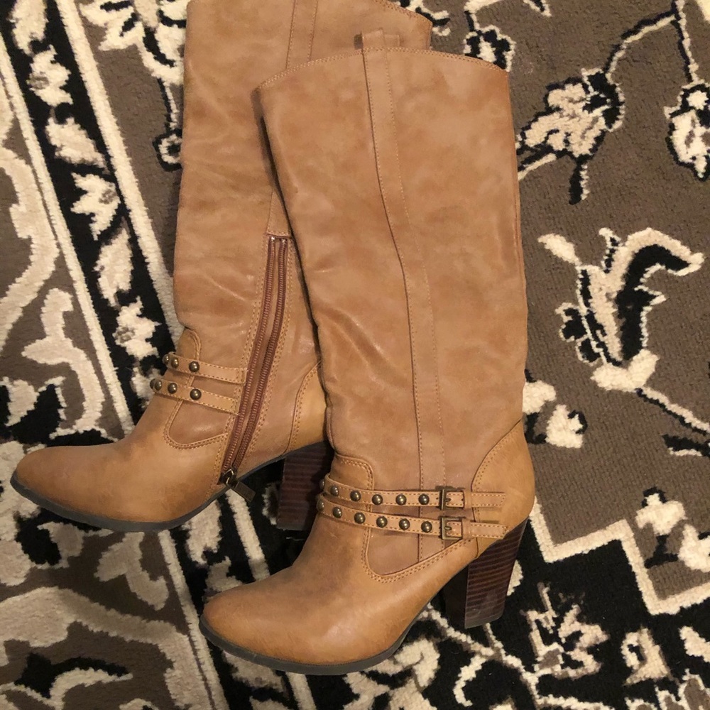 Camel knee high wide calf boots